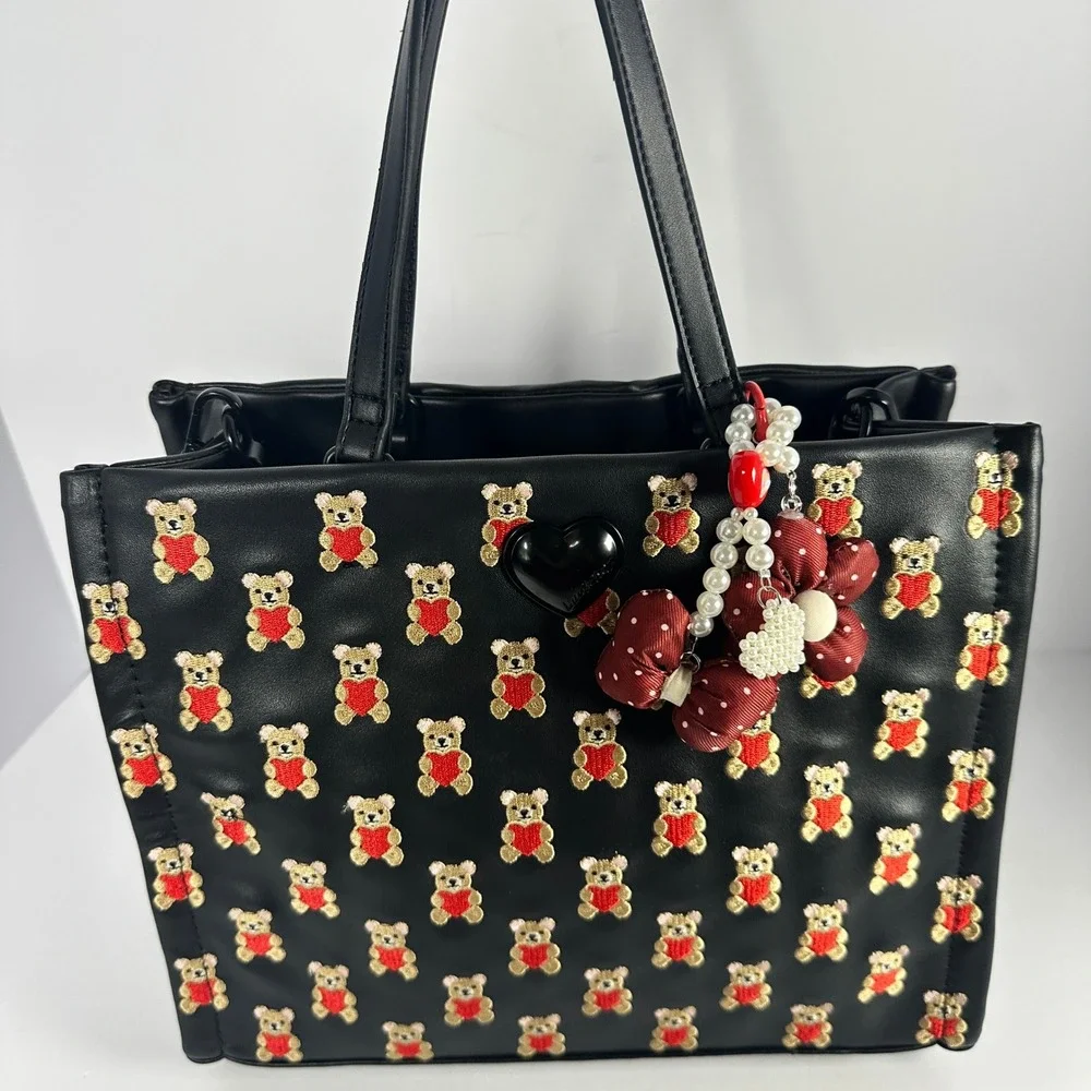 Betsey Johnson Tote Bag Women Black Embroidered Teddy Bear Heart Crossbody